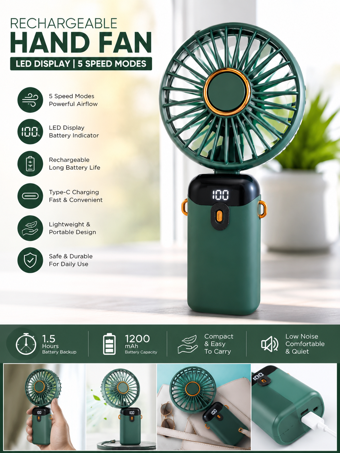 ✨ Mini Rechargeable Hand Fan with LED Display | 5 Adjustable Speeds for Kids & School