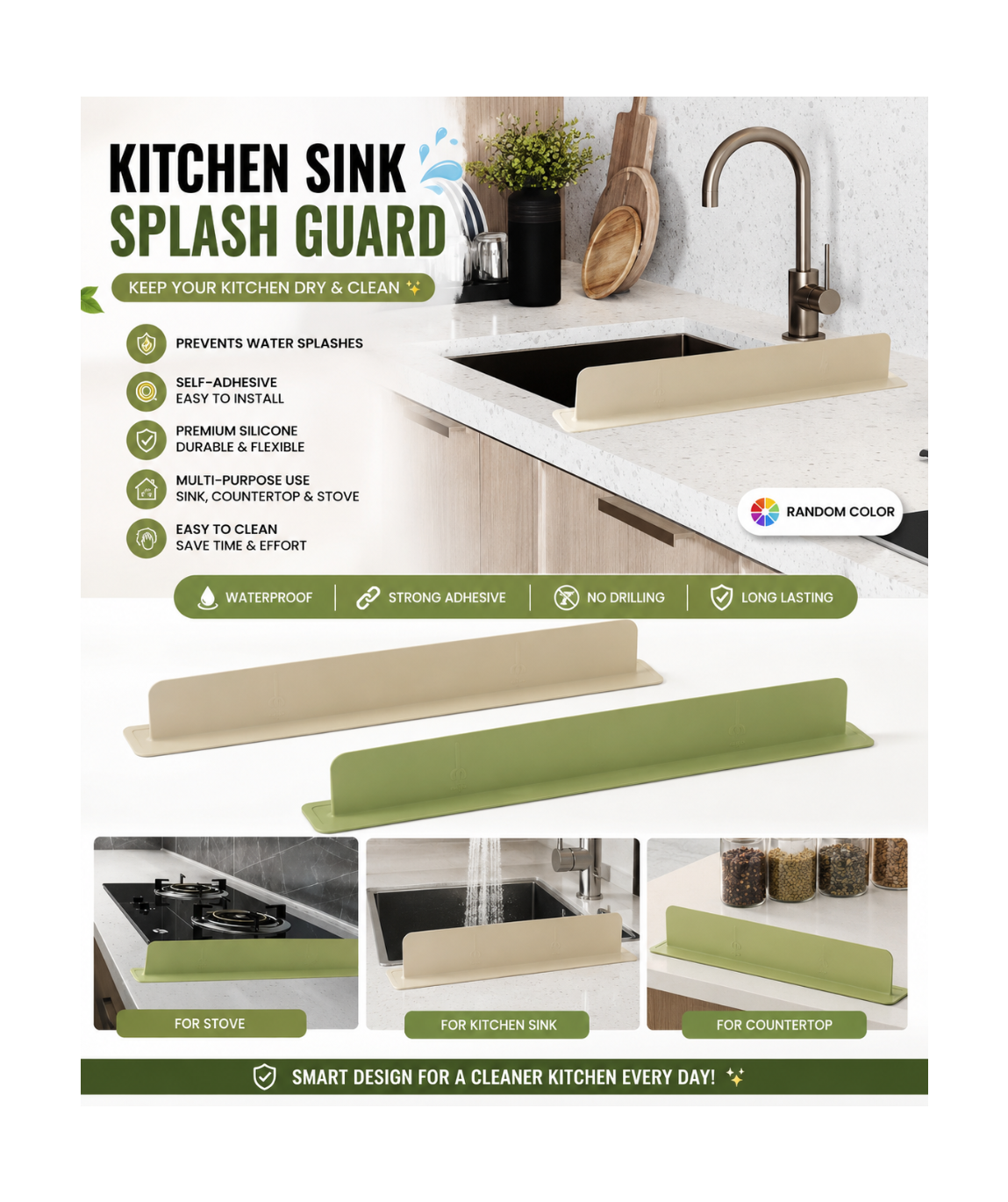 💦 Kitchen Sink Splash Guard Water Barrier 🚰✨ Self-Adhesive Silicone Water Splash Guard for Kitchen Sink, Countertop & Stove 🌈 (Random Color)